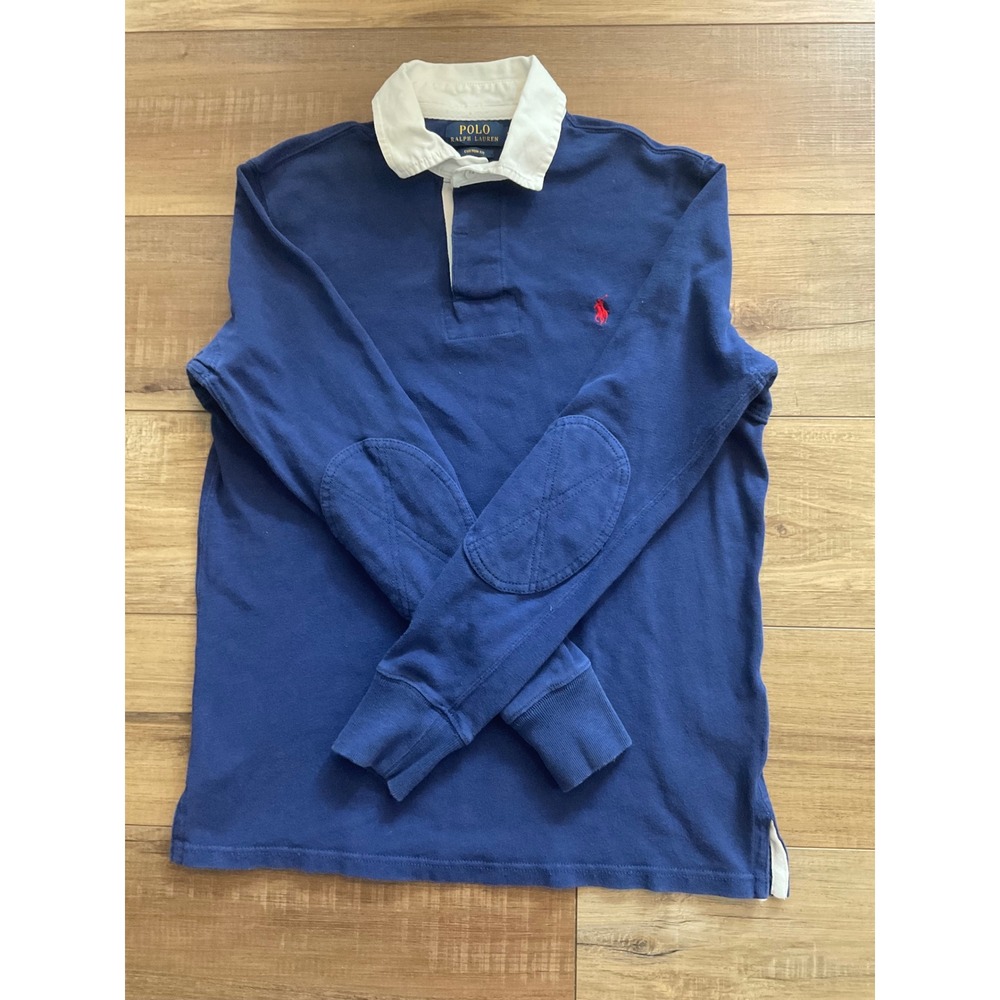 Polo Ralph Lauren Mens Custom Fit Rugby Shirt Blue Long Sleeve Elbow Patch Small